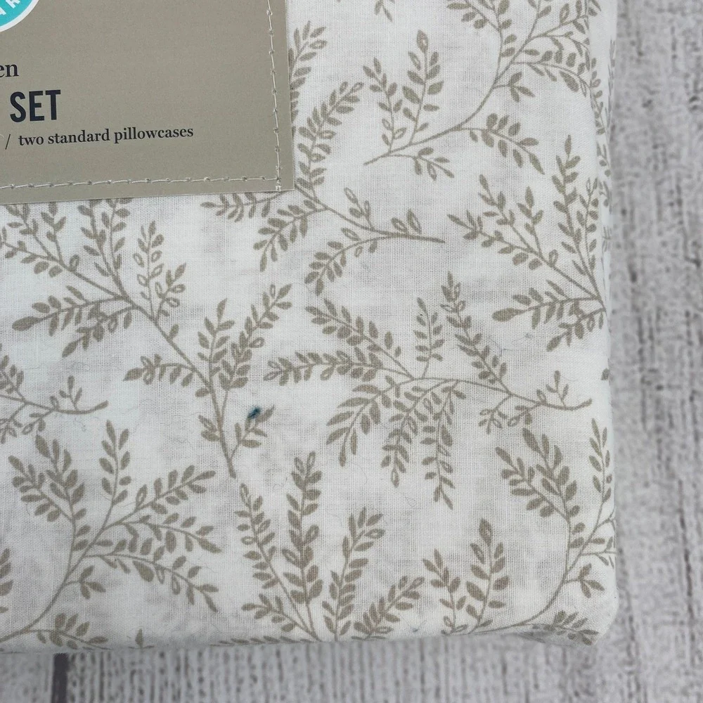 Martha Stewart Sheet Set Queen Sandcastle Tan White Cotton Botanical Vine 4pc